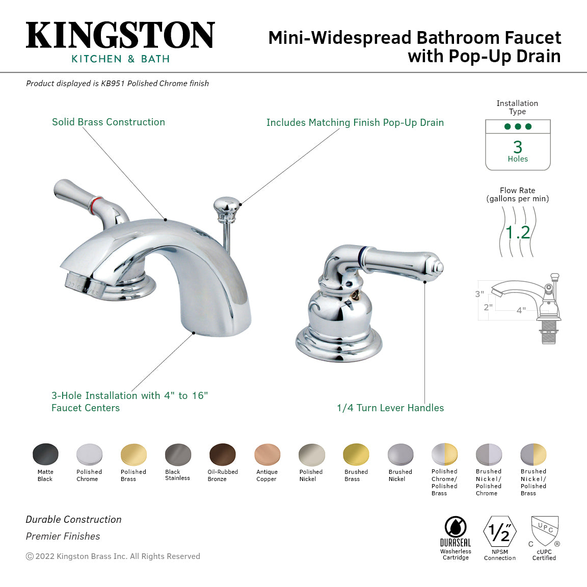 Kingston Tulare KB956PN - Magellan Two-Handle 3-Hole Deck Mount Mini-Widespread Bathroom Faucet with Pop-Up Drain, Polished Nickel — thumbnail 2
